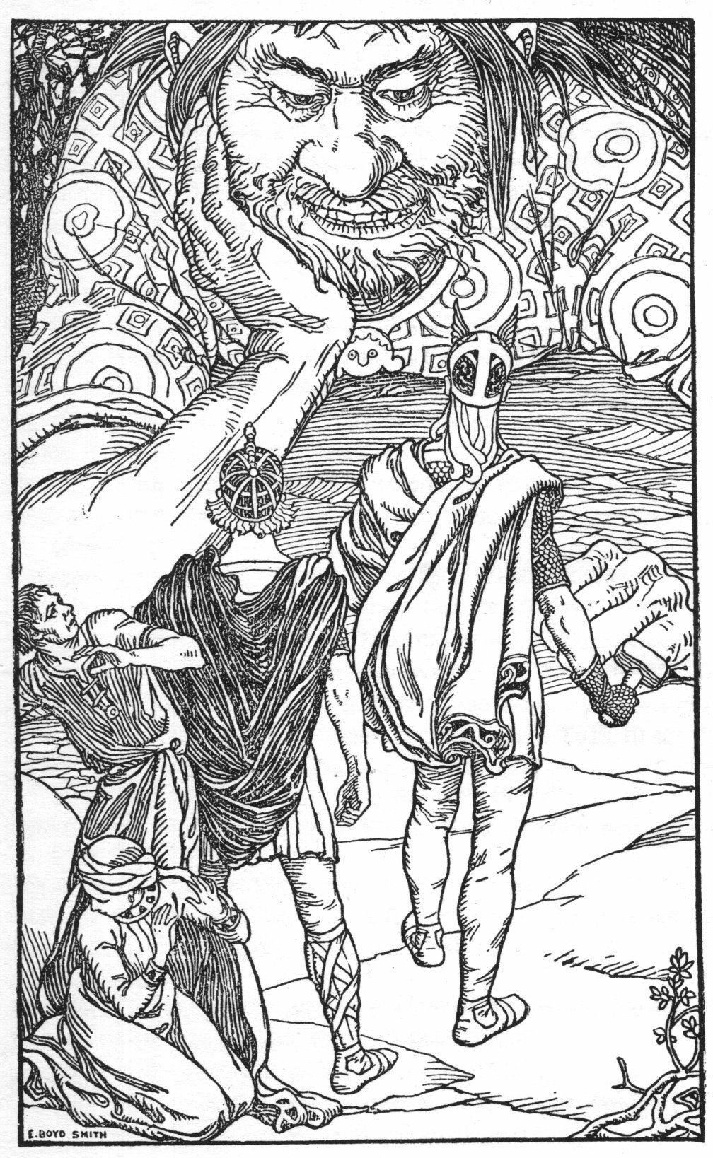 Frontispiece of Brown, Abbie Farwell (1902). "In the Days of Giants: A Book of Norse Tales" Illustrations by E. Boyd Smith. Houghton, Mifflin & Co. Image is in the public domain.